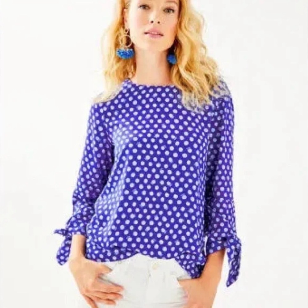 Lilly Pulitzer Langston Blouse Top, Size XL, Polka Dot Lilly Print